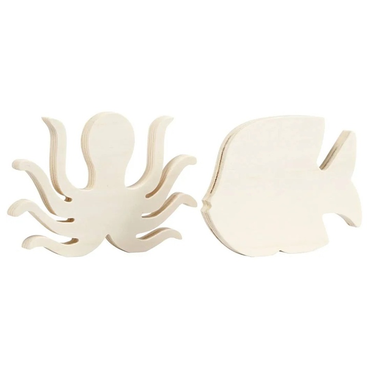 Holzfiguren Meeresbewohner - Oktopus und Fisch, 2 Stück